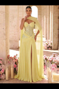 E798 Yellow Luxurious Lace Corset Dress