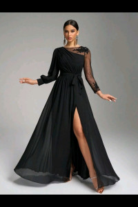 E787 Black Flowy Long Sleeve Dress