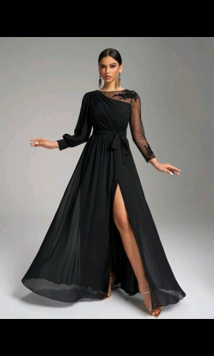 E787 Black Flowy Long Sleeve Dress