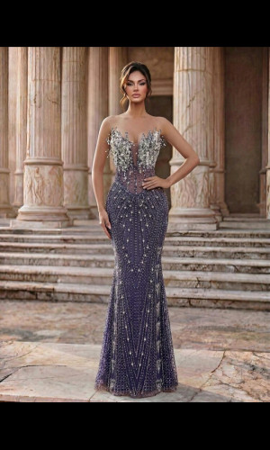 E791 Purple Bubble Diamond Evening Dress