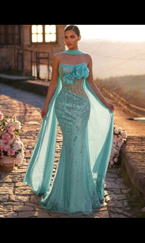 E797 Aqua Blue Rose Detailed Corset Dress
