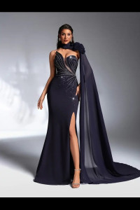 E800 Black Beaded Gown with Side Drape