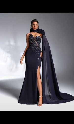 E800 Black Beaded Gown with Side Drape